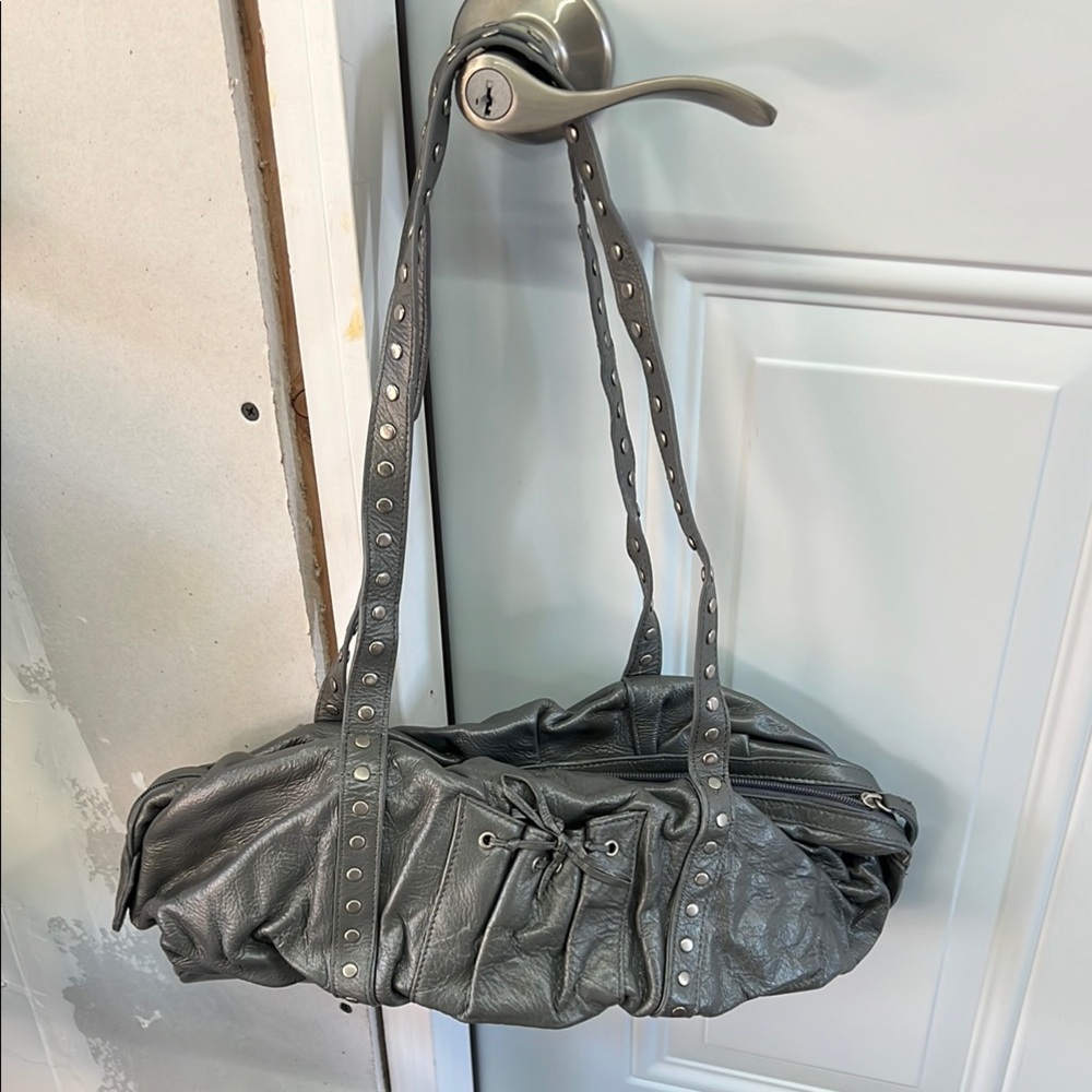 Metallic Gray Slouchy Shoulder Bag with Long Straps
